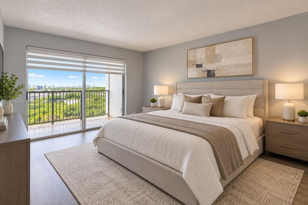 AI RENDERING-Sliding glass door with integrated roller shades, private balcony with metal railing, and wood-finish flooring