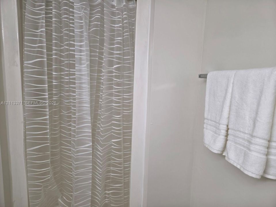Shower enclosure with seamless wall panels and a mounted metallic towel bar