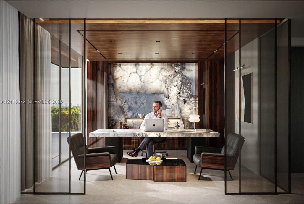 Enclosed office space featuring floor-to-ceiling black metal-framed glass partitions, a backlit stone accent wall, rich wood-paneled ceiling, integrated recessed lighting, and large-format tile flooring