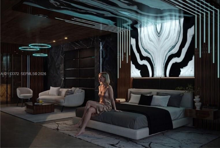 Custom interior featuring a backlit, large-scale patterned stone accent wall, wood-slat wall paneling, integrated linear ceiling lighting, and dark stone wall cladding