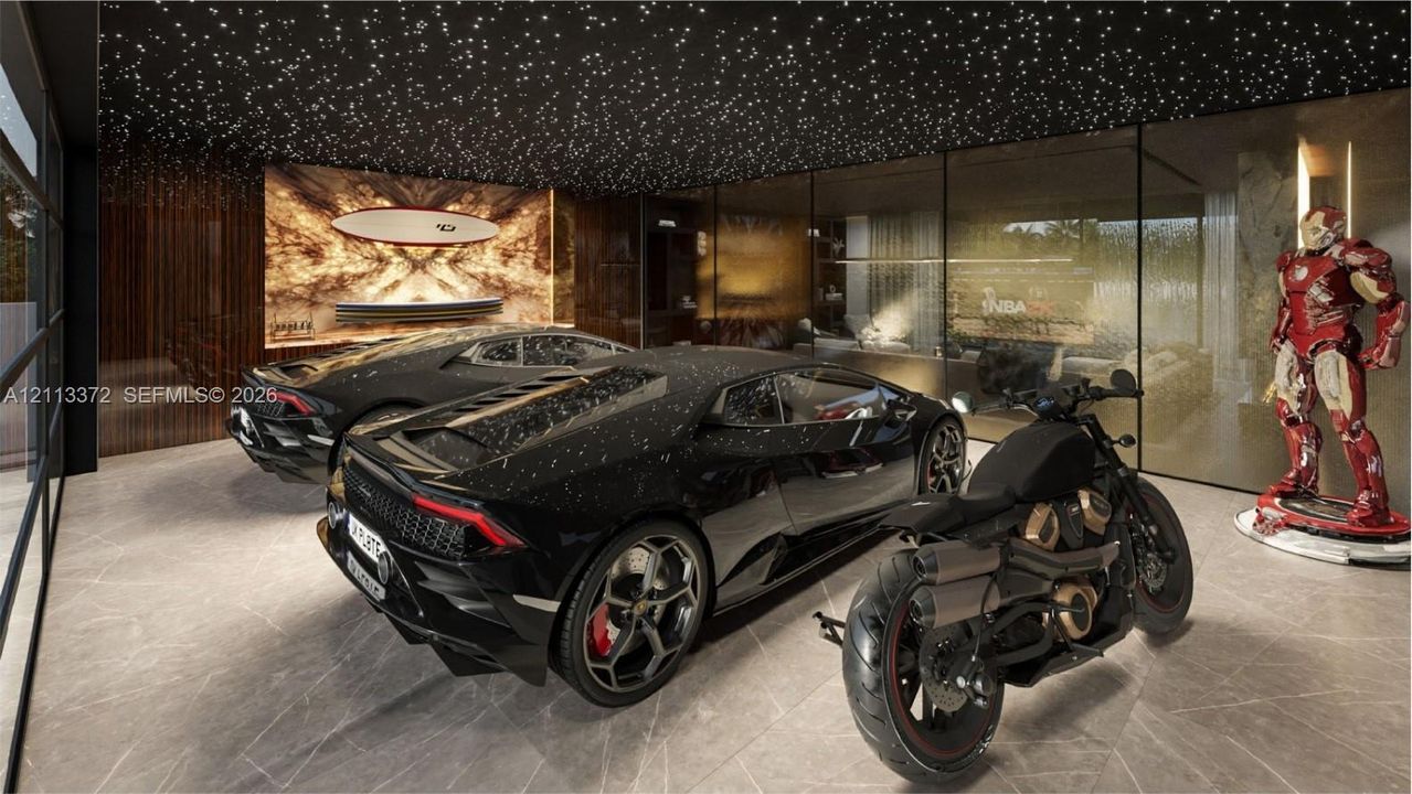 Climate-controlled garage space featuring large-format tile flooring, a fiber-optic starlight ceiling, integrated glass wall partitioning, and a backlit stone accent wall