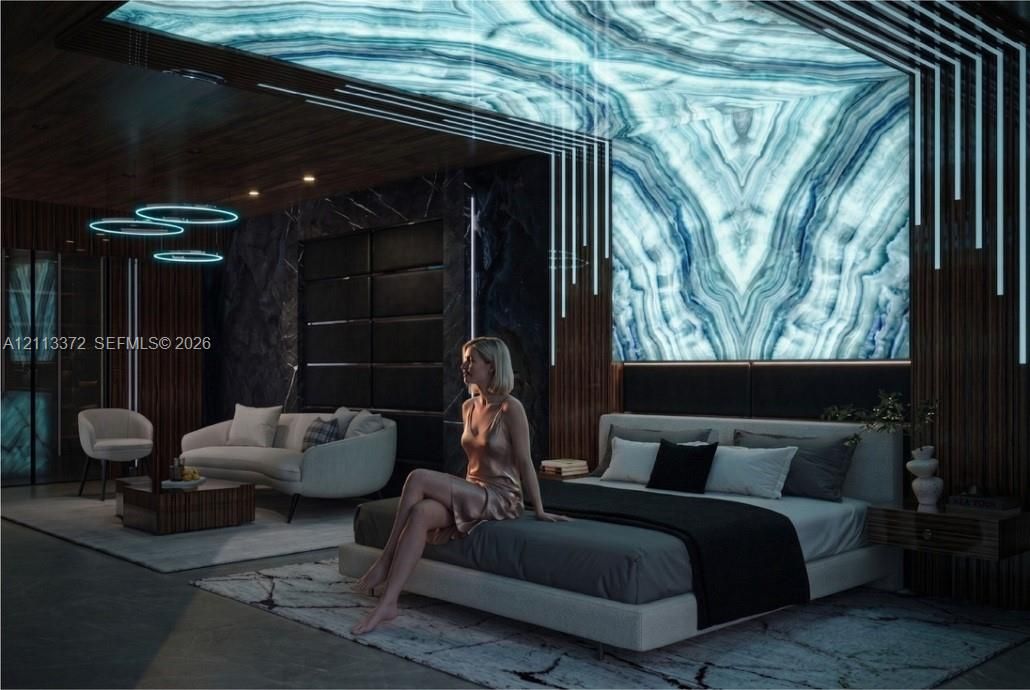 Illuminated blue-toned stone wall feature, linear recessed ceiling lighting, wood-slat wall paneling, and dark-toned stone wall surfaces