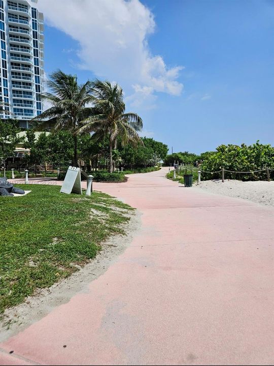 Paved walkway featuring coastal landscaping, mature palm trees, manicured turf, and sandy beach border
