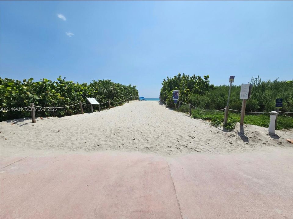 Sandy path access featuring a paved approach, natural vegetation border, and rope fencing