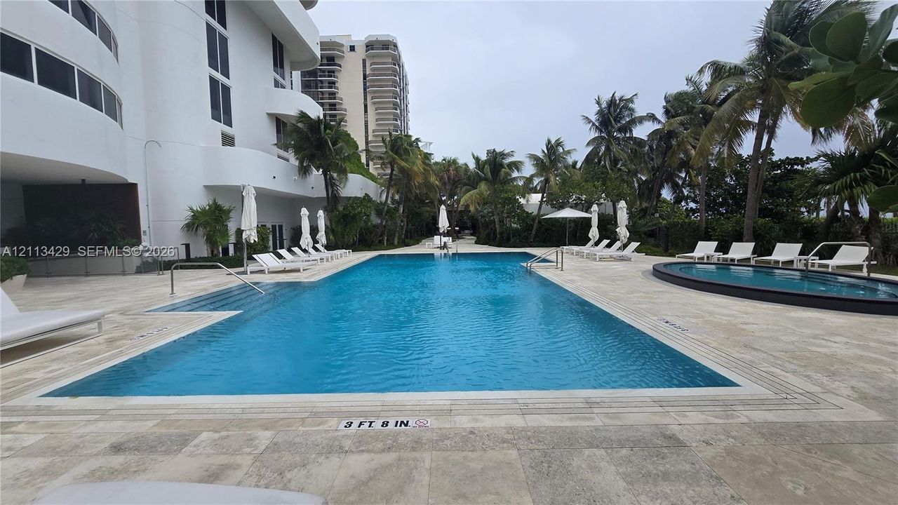 Rectangular swimming pool with stone-tiled decking and an attached circular spa surrounded by mature palm trees