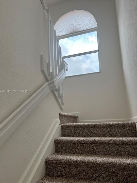 Staircase featuring wall-to-wall carpeting, white painted wooden handrails, and a fixed arched window with integrated screen