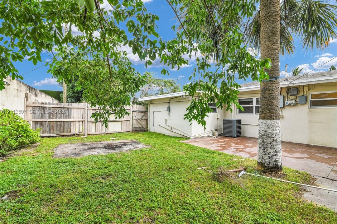 Backyard featuring a concrete patio, wood privacy fencing, grass lawn, and mature palm tree