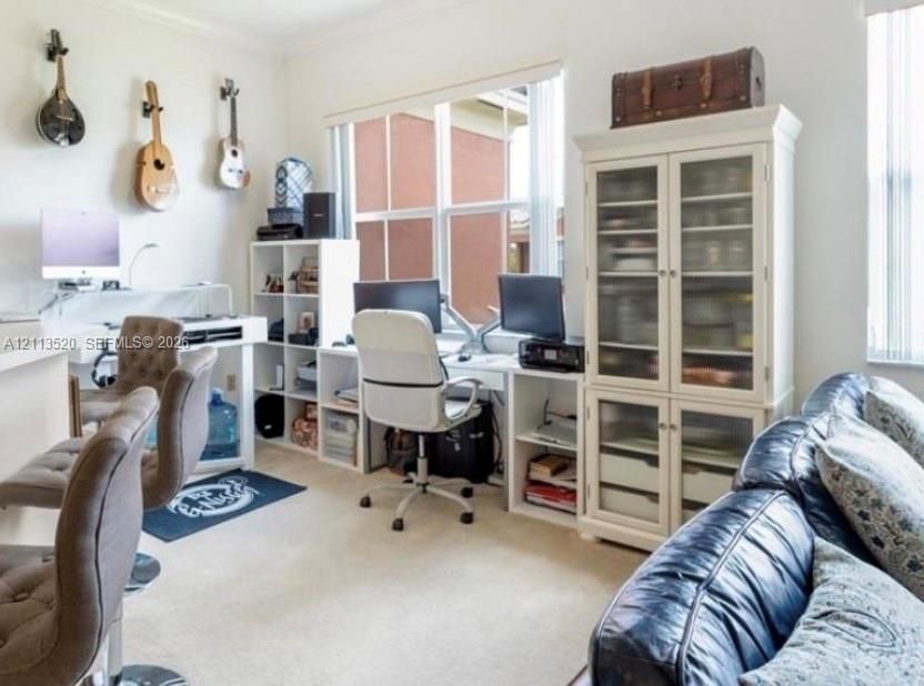 Bright room featuring neutral wall-to-wall carpeting, large multi-pane windows, and white built-in cabinetry with glass-panel doors