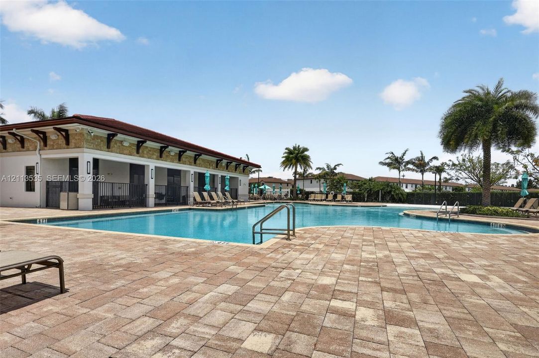 Swimming pool with stone-paver decking, covered patio area, and mature palm trees