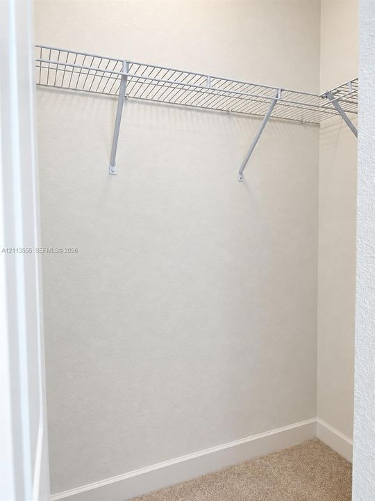 Storage area featuring neutral-toned carpeting and white wall-mounted wire shelving