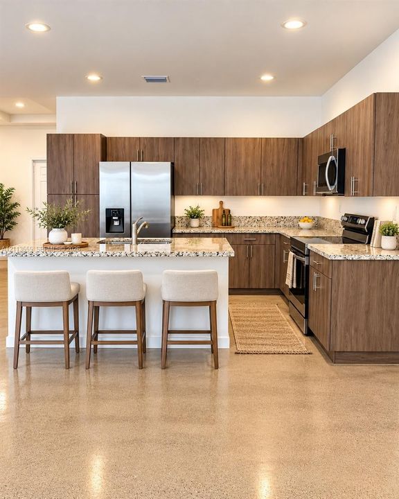 Kitchen featuring wood-finish cabinetry, stone-surface countertops, polished concrete flooring, stainless steel appliances, and recessed lighting