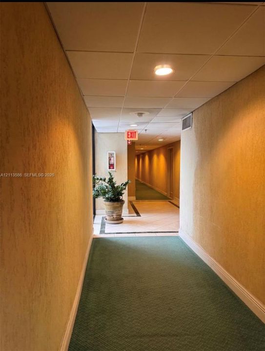 Interior corridor featuring textured wall finishes, recessed ceiling lighting, drop ceiling tiles, and tile flooring with dark stone inlays