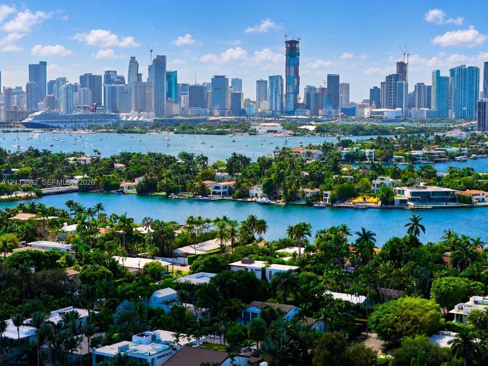Aerial perspective of a coastal residential area featuring mature landscaping, winding waterways, and a distant city skyline
