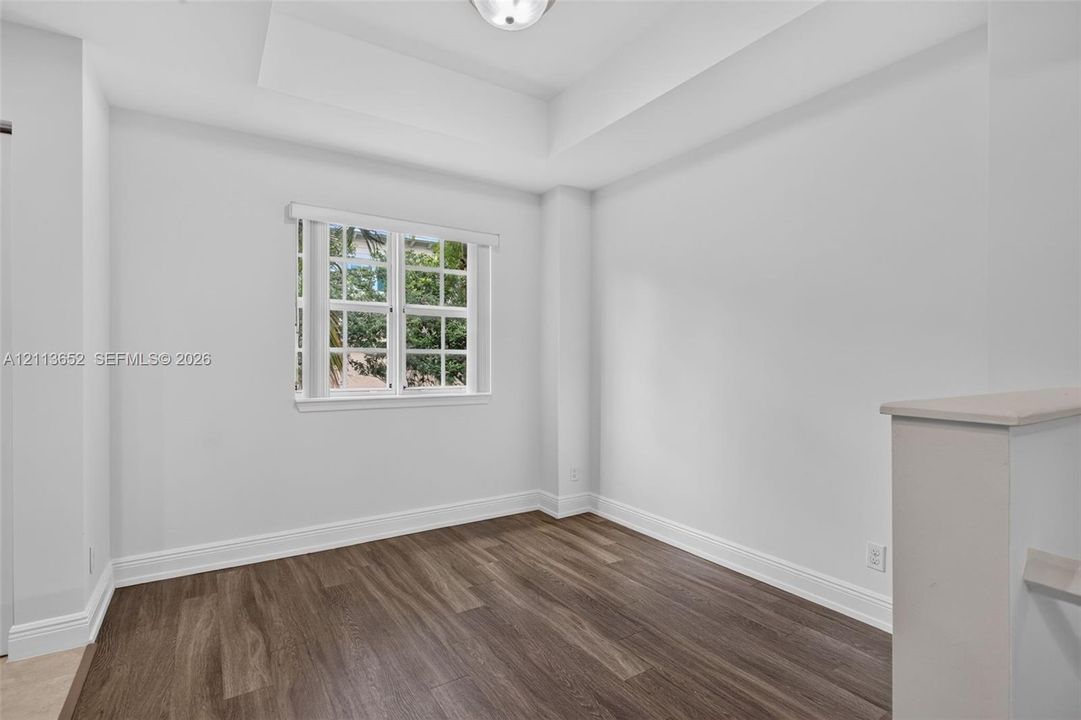 Interior space featuring wood-finish flooring, a tray ceiling, a multi-pane window with a white frame, and a flush-mount light fixture