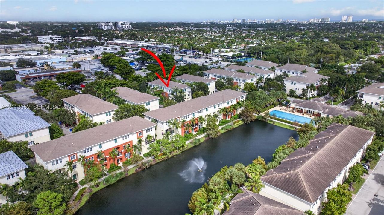 Aerial perspective of residential community featuring a water feature with fountain, mature landscaping, and common-area swimming pool