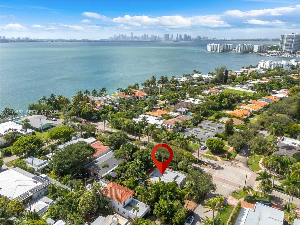 Aerial perspective of a coastal residential area featuring mature landscaping, proximity to the waterfront, and a skyline backdrop