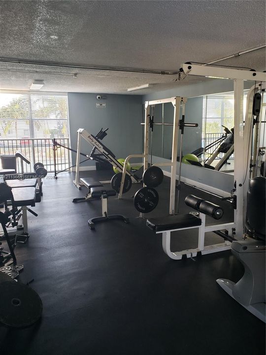 Fitness facility featuring durable rubber flooring, floor-to-ceiling wall mirrors, and floor-to-ceiling windows