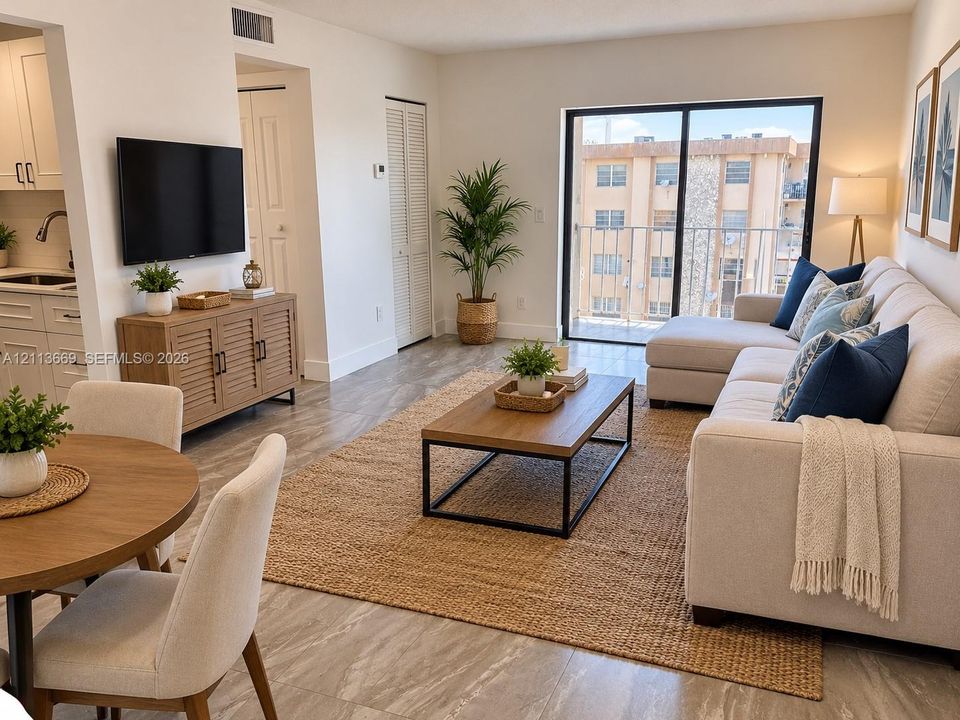 Open-concept living space featuring large-format tile flooring, sliding glass door access to a balcony, and dual louvered-panel closets
