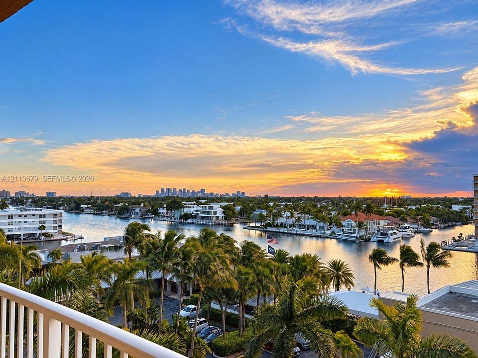Elevated balcony featuring a white railing, overlooking a waterway with mature palm trees and a distant urban skyline