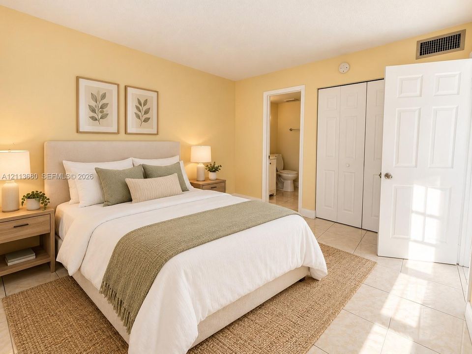 Tile flooring, dual-panel closet doors, and a six-panel entry door