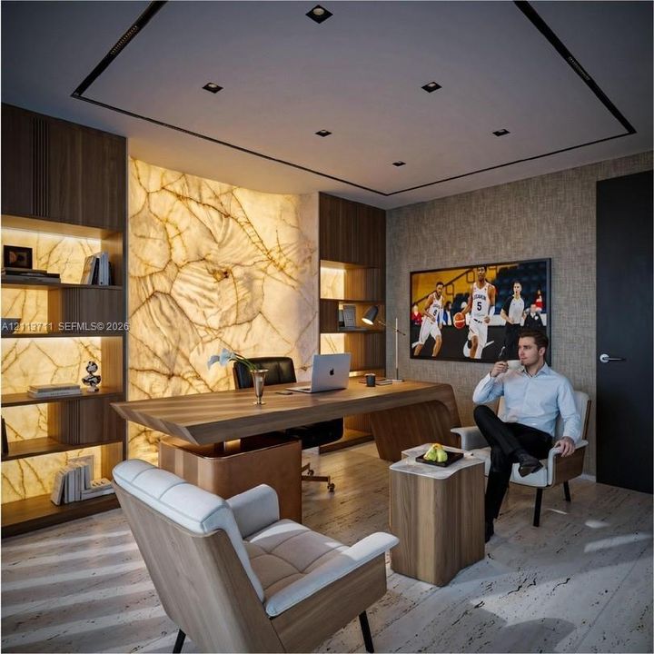 Backlit stone feature wall, built-in wooden shelving with integrated illumination, recessed ceiling lighting, and stone flooring