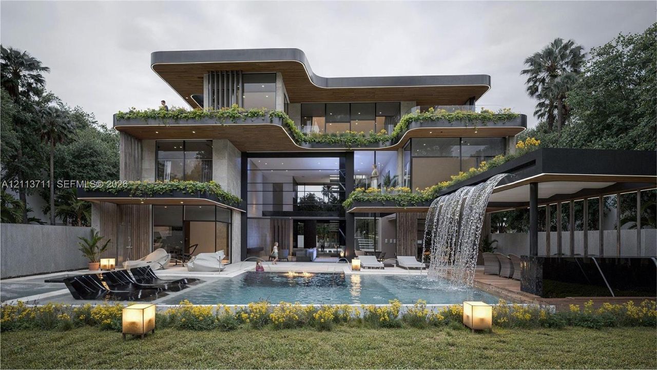 Contemporary multi-level exterior featuring floor-to-ceiling glass walls, integrated planters, tiered terraces, and a custom swimming pool with a built-in water feature