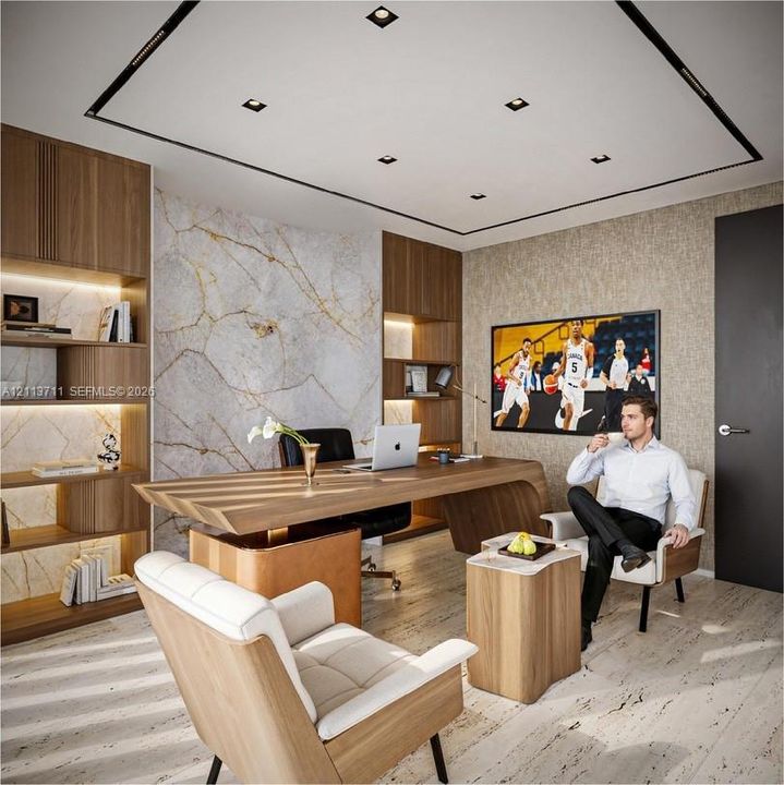 Custom floor-to-ceiling wood cabinetry with integrated shelving, stone-finish accent wall with gold veining, recessed tray ceiling lighting, and polished stone flooring