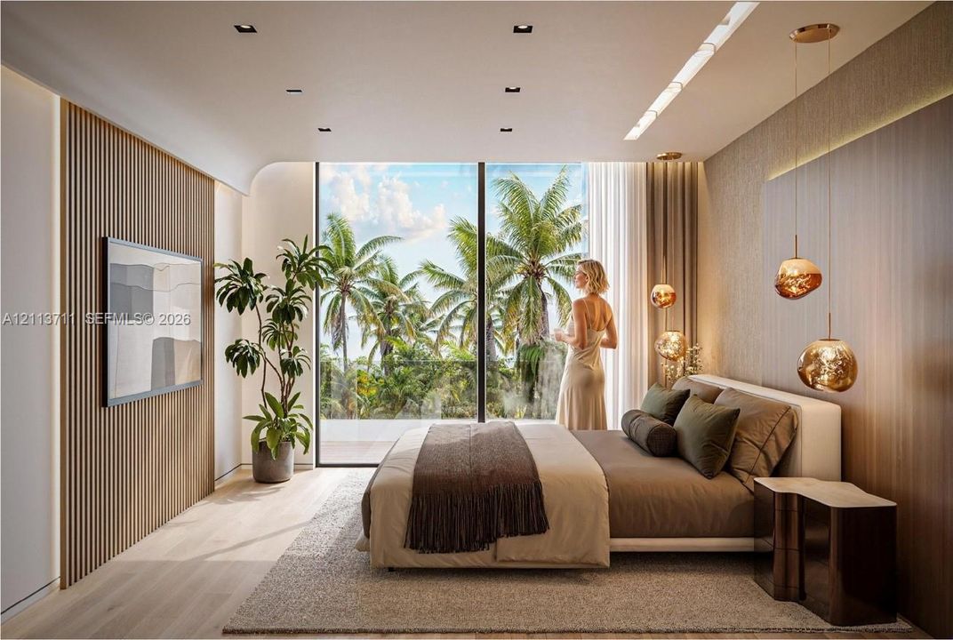 Full-height floor-to-ceiling windows, wood-slat wall paneling, integrated recessed ceiling lighting, textured wall finishes, and suspended metallic pendant fixtures