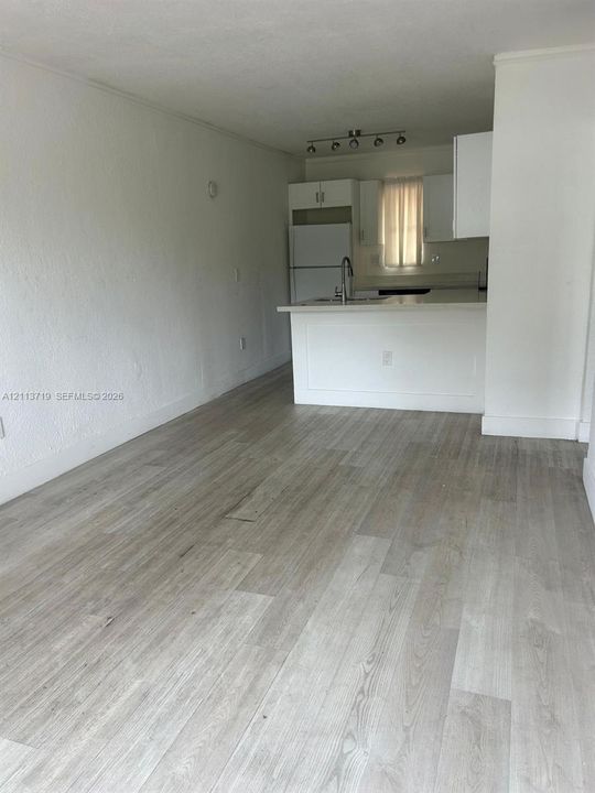 Open-concept interior featuring light-toned wood-finish flooring, white cabinetry, a kitchen peninsula, and multi-bulb track lighting