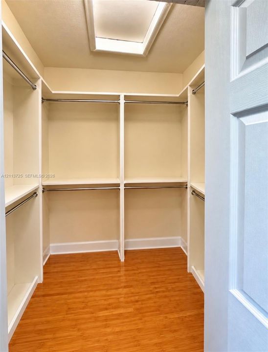 Walk-in closet featuring wood-finish flooring, built-in shelving, metal hanging rods, and a ceiling skylight