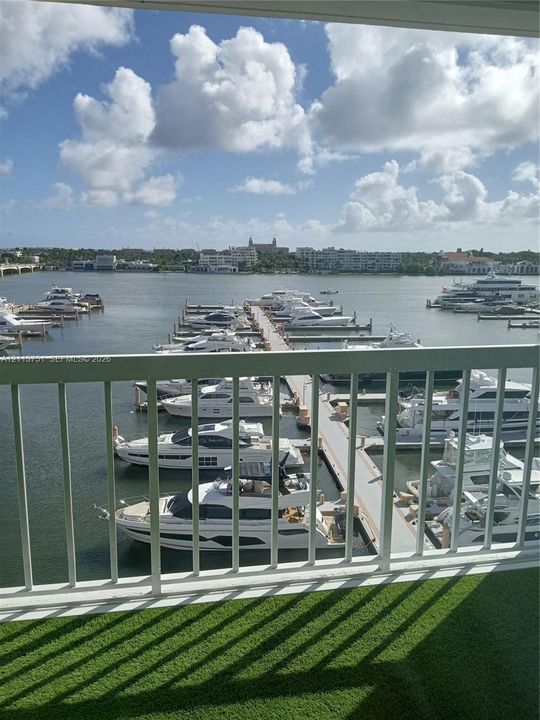 Balcony with white metal railings and artificial turf surfacing, overlooking a marina with multiple boat slips