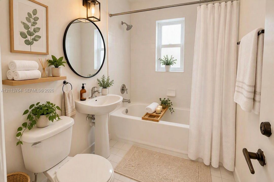 Bathroom featuring a pedestal sink, circular wall-mounted mirror, matte black sconce lighting, built-in wall shelf, and a shower-tub combination with tile surround