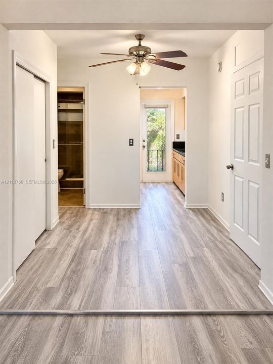 Wood-finish flooring throughout, ceiling fan with integrated lighting, solid-core interior doors, and a glass-paneled exterior door