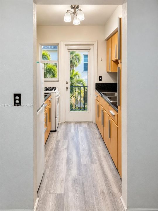 Galley-style kitchen featuring wood-finish flooring, dark stone countertops, wood cabinetry with stainless steel bar pulls, and a glass-paneled exterior door
