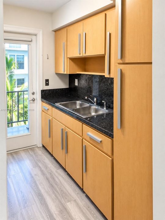 Kitchen area featuring light-toned cabinetry with long vertical hardware, dark stone countertops, dual-basin stainless steel sink, wood-finish flooring, and a glass-paneled exterior door