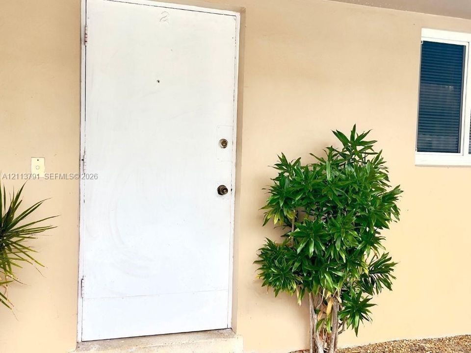 Solid white entry door with a peephole and metallic hardware, flush-mounted wall lighting, and a window with horizontal blinds
