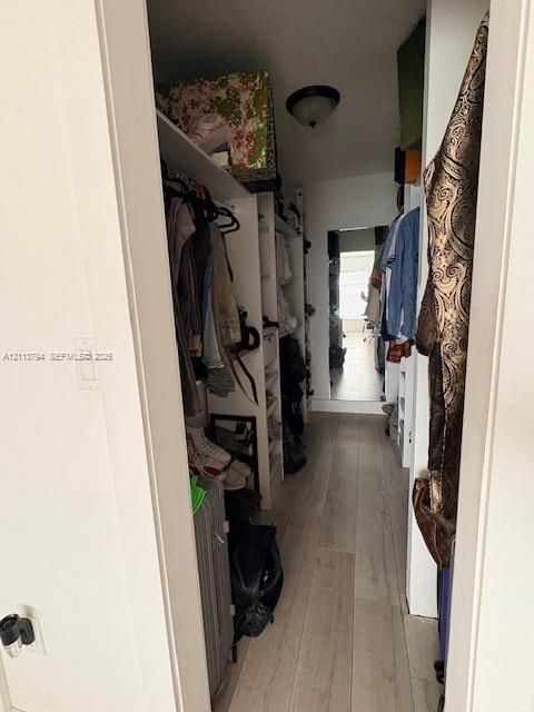 Walk-in closet featuring white built-in shelving, wood-finish flooring, full-length mirror, and flush-mount ceiling lighting