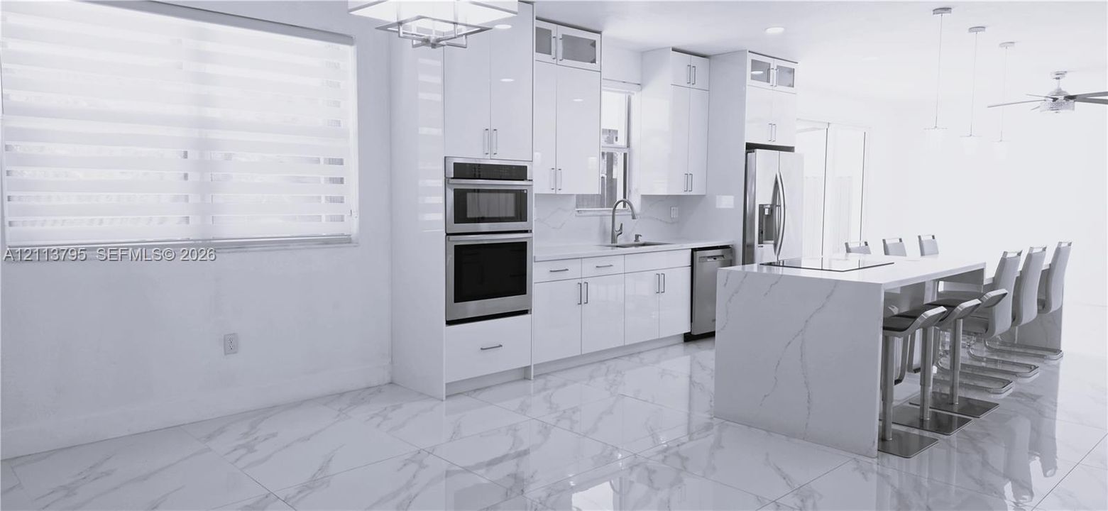 Kitchen featuring white cabinetry, stone-finish countertops, stainless steel wall-mounted double oven, waterfall-edge island, and polished tile flooring