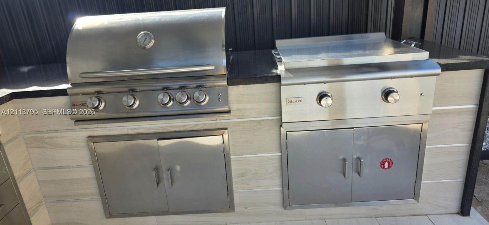 Outdoor kitchen featuring stainless steel built-in grill and griddle, dark stone countertop, and light-toned horizontal wood-finish cabinetry
