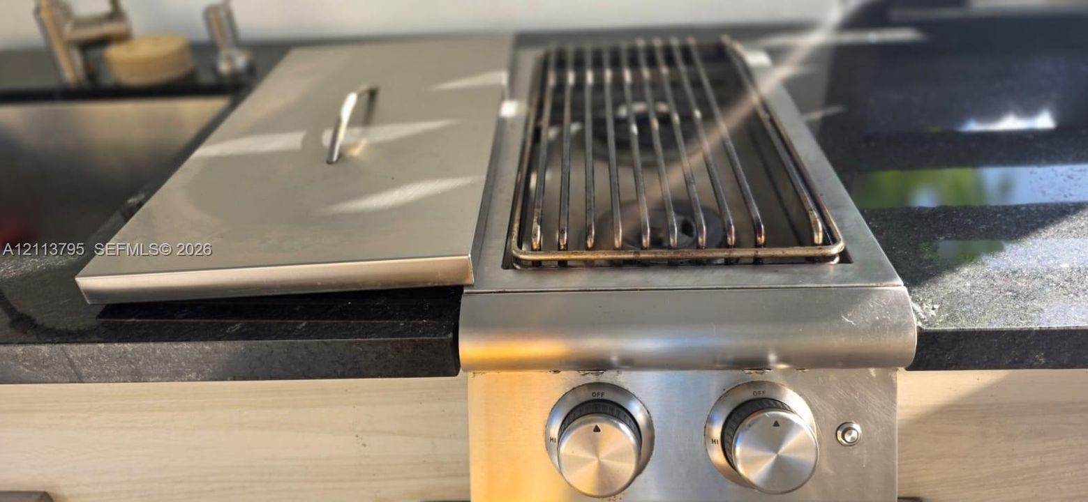 Stainless steel integrated outdoor grill, dark stone countertop, and stainless steel sink with matching faucet hardware