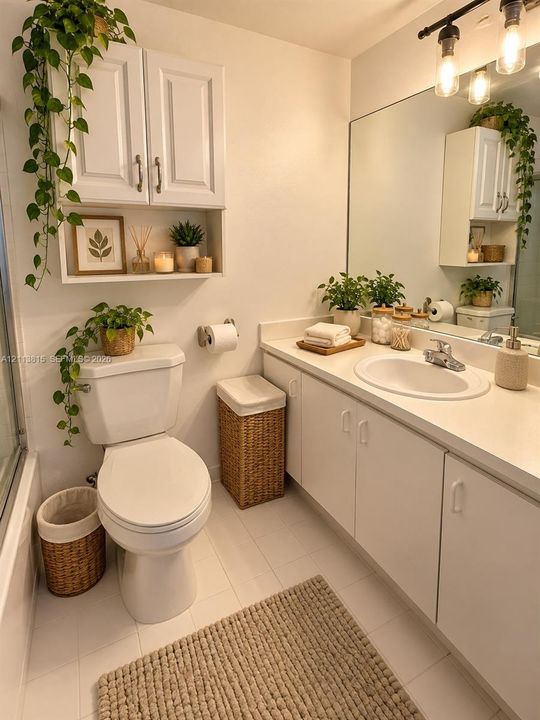 Bathroom vanity with integrated sink, solid-surface countertop, white cabinetry, wall-mounted storage cabinet with open shelving, and industrial-style multi-light fixture