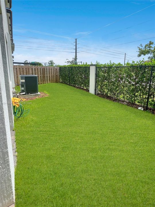 Rear yard featuring an expanse of lawn, wood-panel fencing, and perimeter hedging