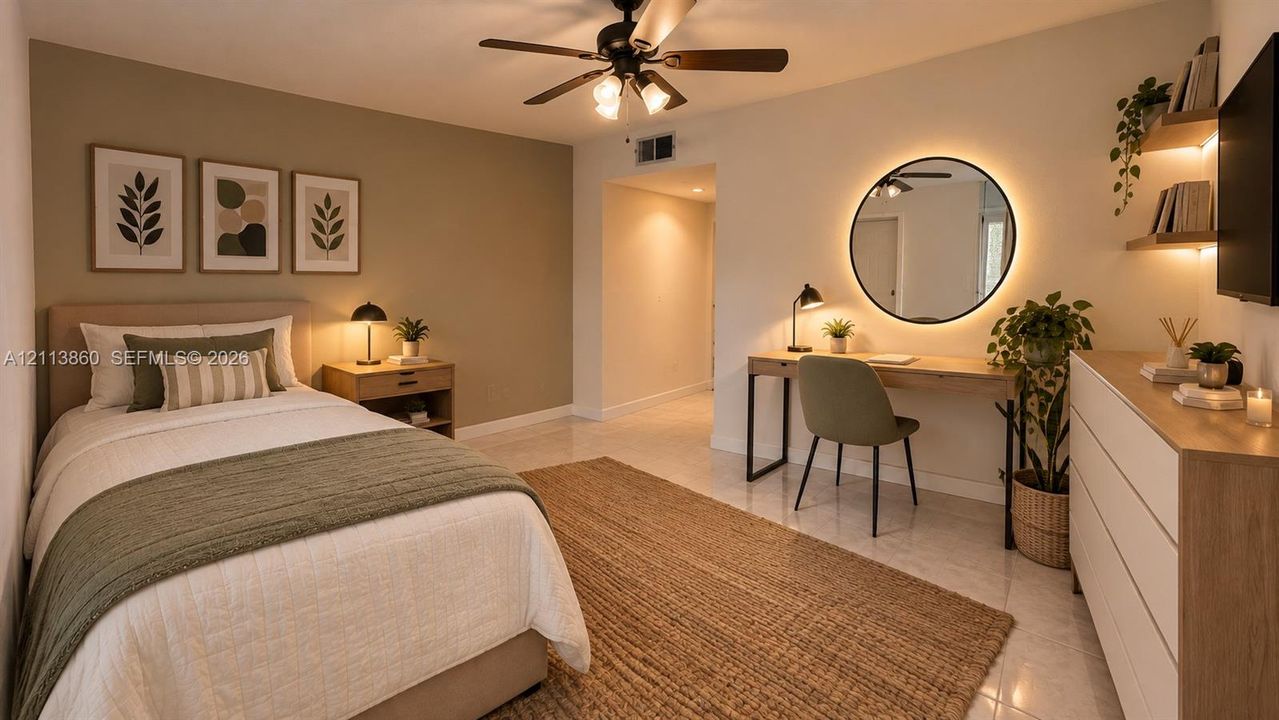 Neutral-toned room featuring light-colored tile flooring, accent wall, ceiling fan with integrated lighting, and built-in floating wall shelving