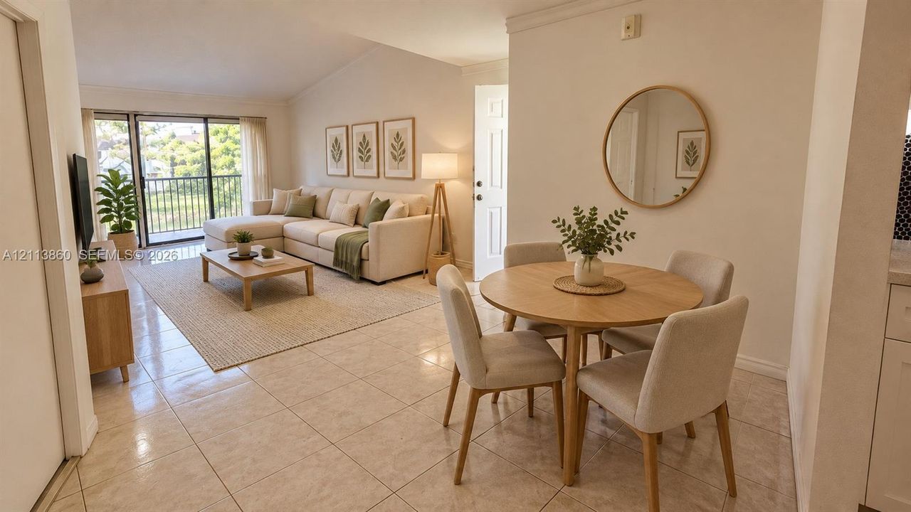 Open-concept interior featuring vaulted ceilings, light-toned ceramic tile flooring, and sliding glass doors with balcony access