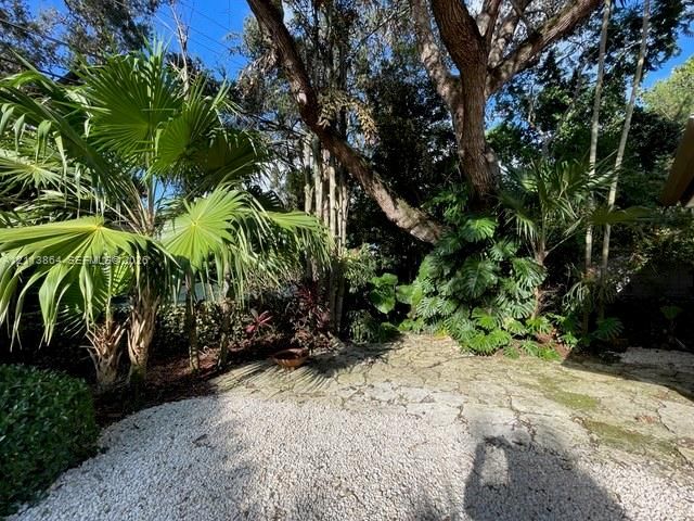 Flagstone patio featuring white gravel borders, mature trees, and established tropical vegetation