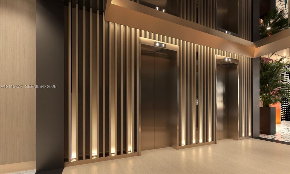 Floor-to-ceiling slatted wall paneling with integrated vertical accent lighting, metallic elevator doors, and neutral wide-plank flooring