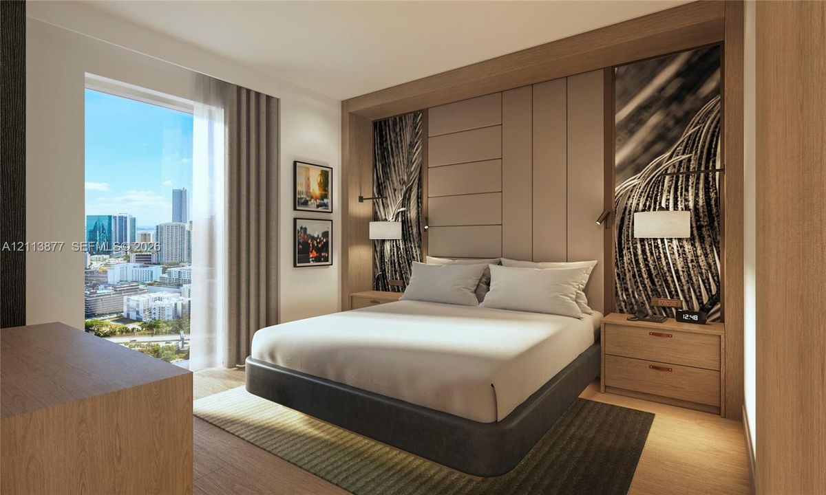 Custom wood-paneled headboard wall with integrated accent lighting, floor-to-ceiling window, built-in wooden nightstands, and wood-finish flooring