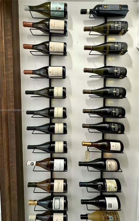 Wall-mounted metal wine storage racks featuring vertical alignment and individual bottle support