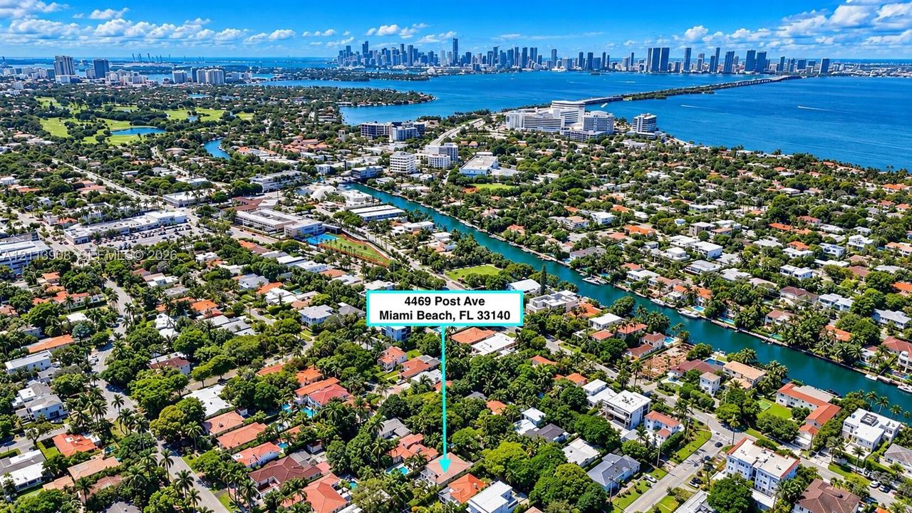 Aerial perspective of a residential property situated in a coastal environment featuring dense mature canopy, proximity to a waterway, and a coastal city skyline