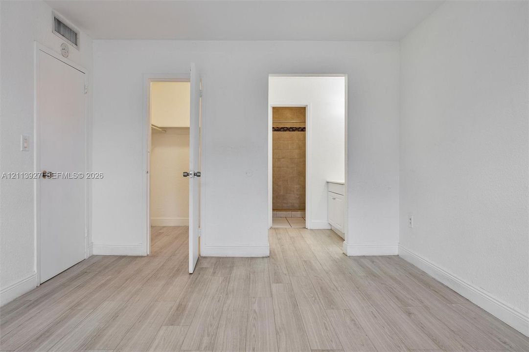 Neutral-toned wood-finish flooring, walk-in closet with built-in shelving, and vanity with stone-finish countertop